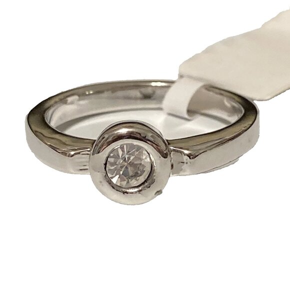 Silver Cubic Zirconia Solitaire Promise Ring Size 8 Bezel Set Rhodium Plated USA - Picture 2 of 9